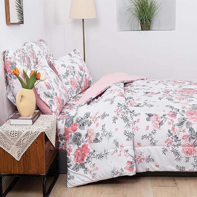 Floral King Comforter Set with Sheets, 7 Piece Luxury Vintage Bedding, Soft Microfiber Bed in a Bag, Cozy Lightweight Bed Set, Pink Flower Grey Leaf