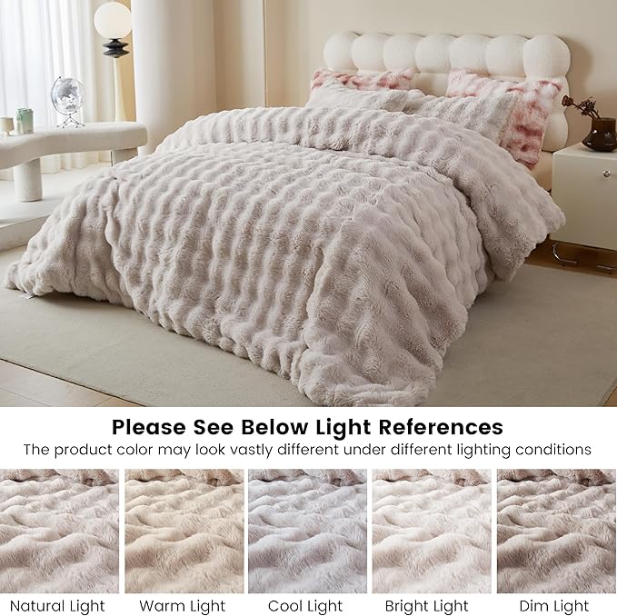 Simple&Opulence Fluffy Faux Fur Comforter Set, Plush Fuzzy Minky Bedding Set 3 Pieces Warm Soft Comforter Bedding Set for Winter - 1 Shaggy Comforter with 2 Pillow Shams (King, Oatmeal)