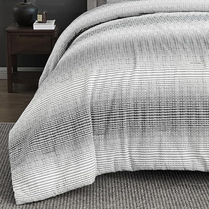 Wonderful Waffle Weave Comforter Set King, Striped Yarn-Dyed Textured Soft Breathable Reversible Cotton Comforter Set, 5 Piece White and Grey Fluffy Bedding Set with Pillow Shams, Decorative Pillows