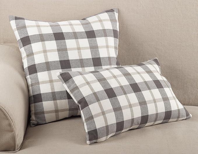 SARO LIFESTYLE Classic Plaid Pattern Cotton Down Filled Throw Pillow, 20" x 20", Grey