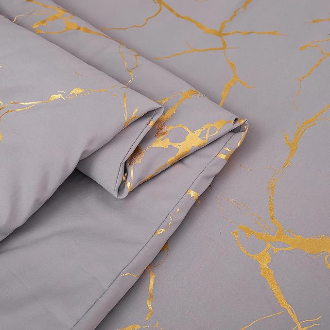 MWMWMW Gray Comforter, Grey and Gold Marble Bedding Set, 3 Pcs Luxury Comforter for Men & Women Bedroom, Queen Size with 2 Pillowcases