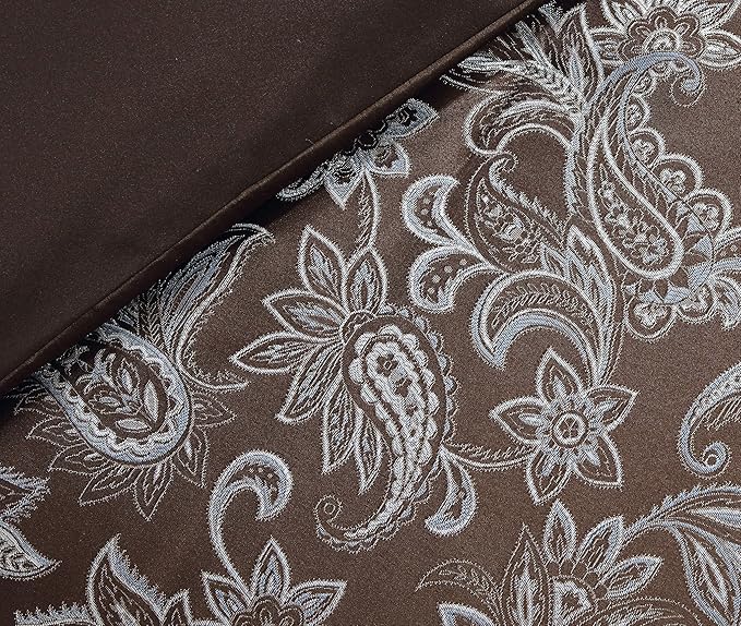 Chezmoi Collection Tuscany 7-Piece Blue Brown Paisley Floral Jacquard Comforter Bedding Set, Queen Size
