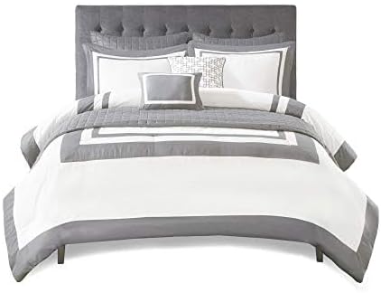 Madison Park Heritage Comforter Quilt Combo Set - Modern Luxury Design, All Season Down Alternative Bedding, Matching Shams, Decorative Pillows, Full/Queen(90"x90"), Color Block Grey 8 Piece