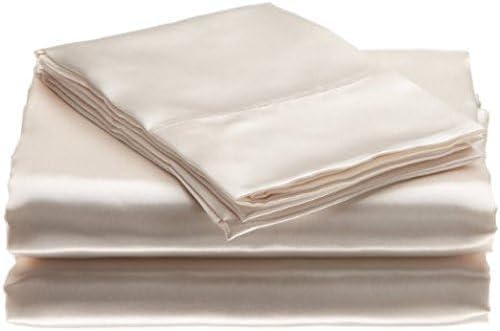 100% Pure Silk Satin Sheet Set 4pcs, Silk Fitted Sheet 15" Deep Pocket Mattress fit,Silk Flat Sheet&Silk Pillowcases Set Cool Soft Silk Sheets|Wrinkle Free Fade Resistant Full XL Ivory