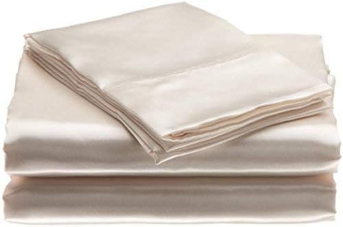 100% Pure Silk Satin Sheet Set 4pcs, Silk Fitted Sheet 15" Deep Pocket Mattress fit,Silk Flat Sheet&Silk Pillowcases Set Soft Silk Sheets|Wrinkle Free Fade Resistant Ivory,Cal-Queen