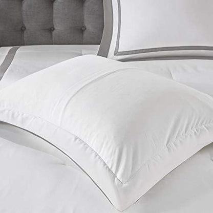 Madison Park Heritage Comforter Quilt Combo Set - Modern Luxury Design, All Season Down Alternative Bedding, Matching Shams, Decorative Pillows, Full/Queen(90"x90"), Color Block Grey 8 Piece