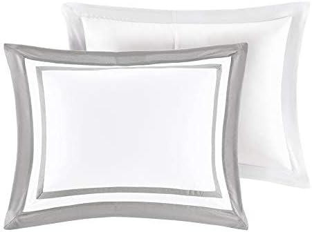 Madison Park Heritage Comforter Quilt Combo Set - Modern Luxury Design, All Season Down Alternative Bedding, Matching Shams, Decorative Pillows, Full/Queen(90"x90"), Color Block Grey 8 Piece
