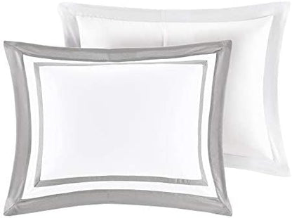 Madison Park Heritage Comforter Quilt Combo Set - Modern Luxury Design, All Season Down Alternative Bedding, Matching Shams, Decorative Pillows, Full/Queen(90"x90"), Color Block Grey 8 Piece