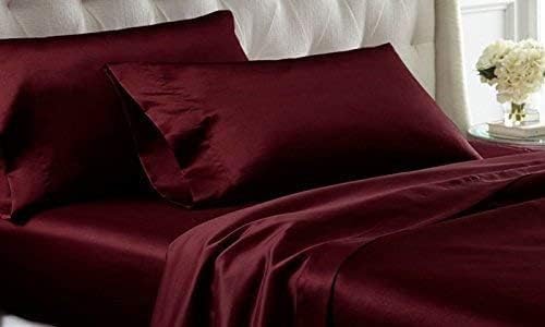 100% Pure Silk Satin Sheet Set 4pcs, Silk Fitted Sheet 15" Deep Pocket Mattress fit,Silk Flat Sheet&Silk Pillowcases Set Soft Silk Sheets|Wrinkle Free Fade Resistant. (Wine, Full)
