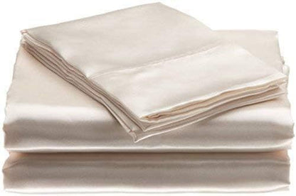 100% Pure Silk Satin Sheet Set 4pcs, Silk Fitted Sheet 15" Deep Pocket Mattress fit,Silk Flat Sheet&Silk Pillowcases Set Cool Soft Silk Sheets|Wrinkle Free Fade Resistant Cal-King Ivory