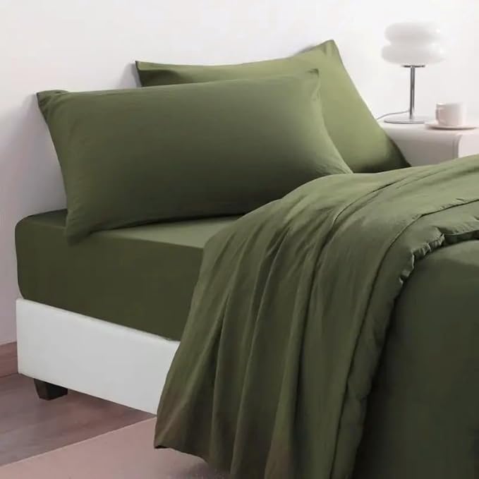 7 Pieces Solid Color Ultra-Soft Elegant Natural Full Size Bed Sheets and Comforter Set with Flat Sheet Fitted Sheet 2 Pillow Cases 2 PillowShams Lightweight All Season Use, Olive Green Full