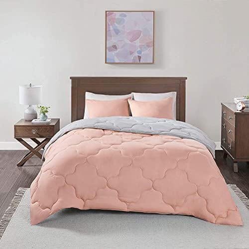 Comfort Spaces Vixie Reversible Comforter Set - Trendy Casual Geometric Quilted Cover, All Season Down Alternative Cozy Bedding, Matching Sham, Coral/Gray, Twin/Twin XL 2 piece
