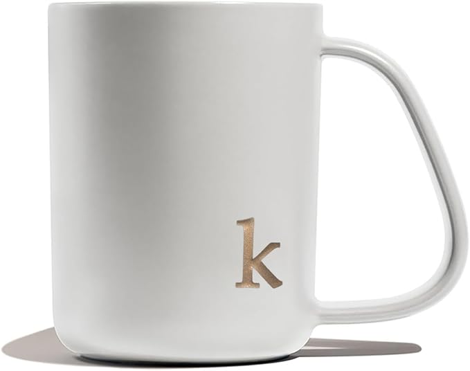 COLLECTIVE HOME - Ergonomic Handle Ceramic Mug, 15 oz Personalized Coffee Cup with Golden Initial, Microwave & Dishwasher Safe, Elegant Monogram Tea Mug in Gift Box for Home & Office (White-k)