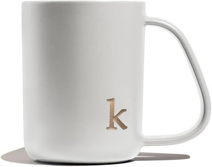 COLLECTIVE HOME - Ergonomic Handle Ceramic Mug, 15 oz Personalized Coffee Cup with Golden Initial, Microwave & Dishwasher Safe, Elegant Monogram Tea Mug in Gift Box for Home & Office (White-k)
