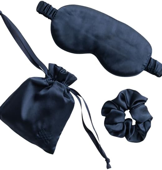 Silk Sleep Mask Set, 100% Mulberry Silk Mask with Hair Scrunchie - Navy