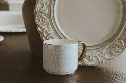Sweet Water Decor Blue Fan Ceramic Mug with Gold Handle, Large 14oz Fine Bone China Tea Cup, Cute Coffee Mug, Vintage Floral Spring Drinkware, Hostess & Housewarming Gift for Women & Teachers