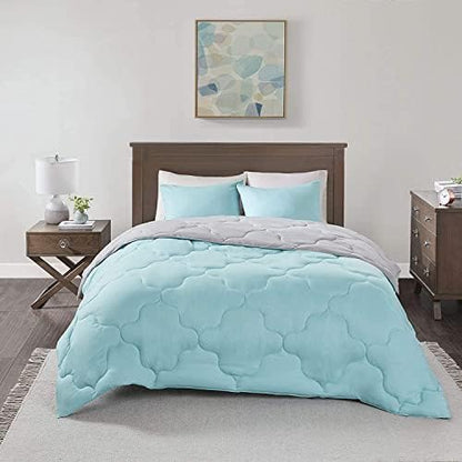 Comfort Spaces Vixie Reversible Comforter Set - Trendy Casual Geometric Quilted Cover, All Season Down Alternative Cozy Bedding, Matching Sham, Aqua/Gray, Full/Queen 3 piece