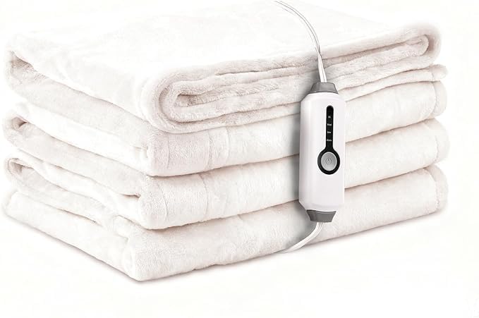 Electric Heated Blanket Throw Size 50"×60", Breathable & Luxurious Flannel, Soft Warm Gift with Over-Heat Protection, 4 Heating Levels & 3 H Auto Shut Off, Machine Washable, White