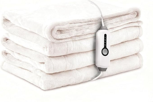 Electric Heated Blanket Throw Size 50"×60", Breathable & Luxurious Flannel, Soft Warm Gift with Over-Heat Protection, 4 Heating Levels & 3 H Auto Shut Off, Machine Washable, White