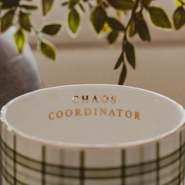 Sweet Water Decor Chaos Coordinator Coffee Mug, 14oz Fine Bone China Mug, Green Plaid Design with Gold Handle & Rim, Large Tea Cup for Hot & Cold Drinks, Gifts for Teachers, Co-Workers & Boss