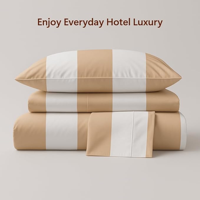 Peru Pima 415 Thread Count Percal King Sheet Set - 100% Peruvian Pima Cotton, 4 Piece (Flat, Fitted, 2 Pillowcases) - Cooling, Crisp, Deep Pocket, Hotel Quality Bedding - Bold Stripe Latte