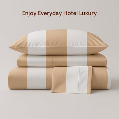 Peru Pima 415 Thread Count Percal King Sheet Set - 100% Peruvian Pima Cotton, 4 Piece (Flat, Fitted, 2 Pillowcases) - Cooling, Crisp, Deep Pocket, Hotel Quality Bedding - Bold Stripe Latte