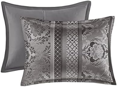 Madison Park Bellagio Cozy Comforter Set - Luxurious Jaquard Traditional Damask Design, All Season Down Alternative Bedding with Matching Shams, Decorative Pillow, Cal King(104"x92"), Grey 7 Piece
