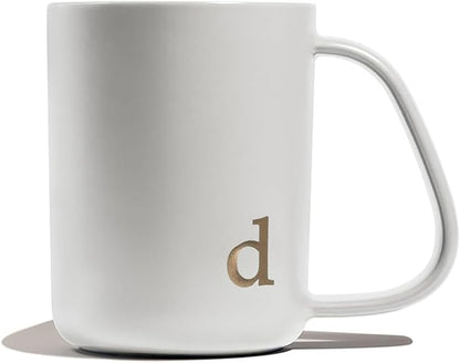 COLLECTIVE HOME - Ergonomic Handle Ceramic Mug, 15 oz Personalized Coffee Cup with Golden Initial, Microwave & Dishwasher Safe, Elegant Monogram Tea Mug in Gift Box for Home & Office (White-d)