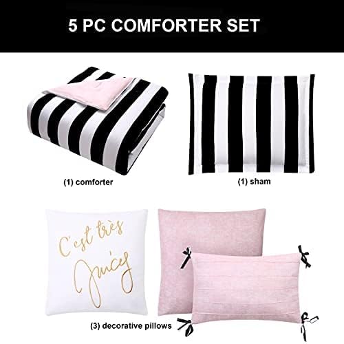 Juicy Couture – Comforter Set, Cabana Stripe Design, Twin Bedding, 5 Piece Set Includes 1 Comforter, 1 Sham and 3 Decorative Pillows, 100% Microfiber Polyester, Wrinkle Resistant