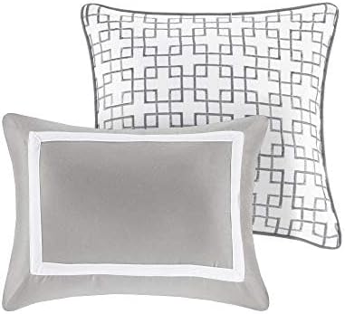 Madison Park Heritage Comforter Quilt Combo Set - Modern Luxury Design, All Season Down Alternative Bedding, Matching Shams, Decorative Pillows, Full/Queen(90"x90"), Color Block Grey 8 Piece
