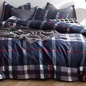 CLOTHKNOW Blue Plaid California KingComforter Set 3Pcs Tartan Bedding Comforter Sets All Season Soft Blue White Grey Grid Comforter with 2 x Pillow Cases