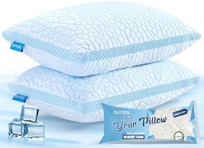 QUTOOL Double Sided Cooling Pillow for Hot Sleepers, Shredded Memory Foam Pillows Standard Size Set of 2, Adjustable Soft & Firm Gel Bed Pillow for Side, Back, Stomach Sleepers