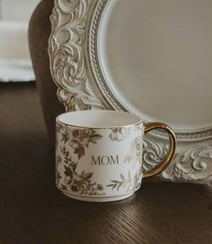 Sweet Water Decor Delft Mom Mug, 14oz Fine Bone China Tea Cup for Hot & Cold Drinks, Cute Mother's Day Gift Coffee Mug with Gold Handle & Rim, Gift for Mom's Birthday & Christmas