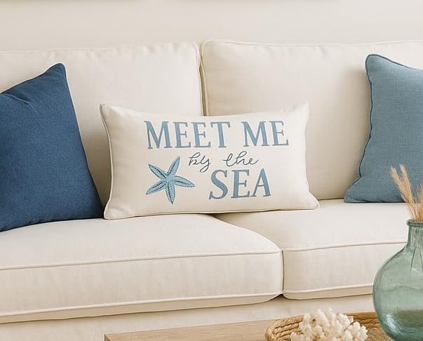 C&F Home Starfish Meet Me at The Sea Embroidered Accent Pillow 12" x 24" Summer Coastal Beach House Nautical Ocean Home Living Room Sofa Couch Chair Bed Bedroom Decor Decoration 12" x 24" White