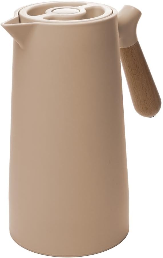 WOLFF - Thermal Coffee Carafe – 34oz/1L Insulated Food-Safe Plastic Exterior and Glass Liner, Wood-Style Handle – Keeps Drinks Hot or Cold for Hours, Coffee and Tea Dispenser - Nude Pink, 34floz/1L