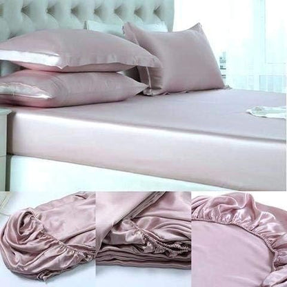 100% Pure Silk Satin Sheet Set 4pcs, Silk Fitted Sheet 15" Deep Pocket Mattress fit,Silk Flat Sheet&Silk Pillowcases Set Soft Silk Sheets|Wrinkle Free Fade Resistant Ivory,Cal-Queen