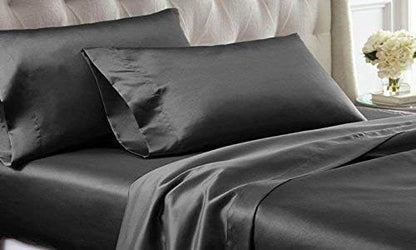 100% Pure Silk Satin Sheet Set 4pcs, Silk Fitted Sheet 15" Deep Pocket Mattress fit,Silk Flat Sheet&Silk Pillowcases Set Soft Silk Sheets|Wrinkle Free Dark Grey, Super Queen