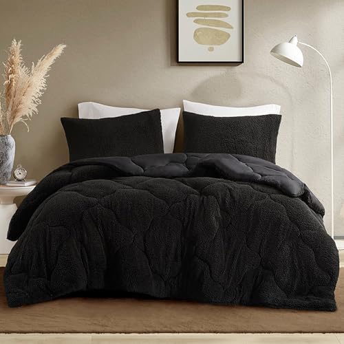 Comfort Spaces Comforter Set, Chic Reversible Quatrefoil Quilting, Sherpa Comforters Twin, All Seasons, Lightweight Microfiber Bedding Set Matching Sham, Vixie, Twin/Twin XL Black/Black 2 Piece