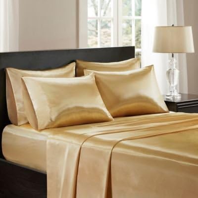 100% Pure Silk Satin Sheet 4pcs, Silk Fitted Sheet 15" Deep Pocket Mattress fit,Silk Flat Sheet&Silk Pillowcases Cool Soft Silk Sheets|Wrinkle Free Fade Resistant Full XL Dark Ivory