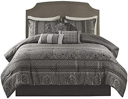Madison Park Bellagio Cozy Comforter Set - Luxurious Jaquard Traditional Damask Design, All Season Down Alternative Bedding with Matching Shams, Decorative Pillow, Queen(90"x90"), Grey 7 Piece
