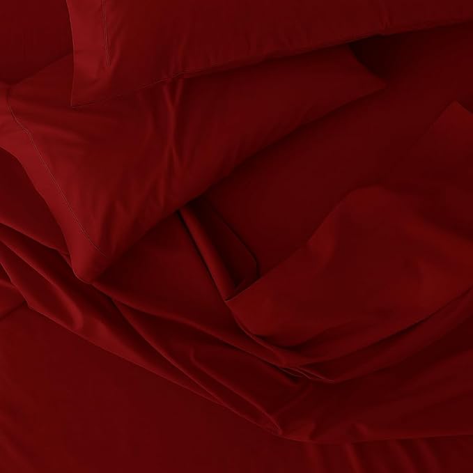 Peru Pima 415 Thread Count Percal King Sheet Set - 100% Peruvian Pima Cotton, 4 Piece (Flat, Fitted, 2 Pillowcases) - Cooling, Crisp, Deep Pocket, Hotel Quality Bedding - Burgundy