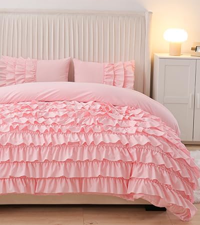 Holawakaka Pink Waterfall Ruffle Comforter Set Full Size Multi-Layers Ruffled Shabby Chic 3PCS Bedding Set for Girls Women