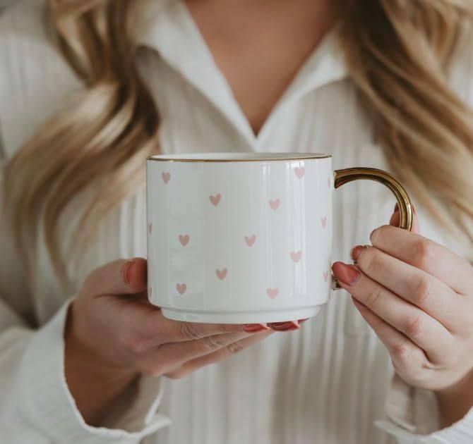 Sweet Water Decor Heart XOXO Coffee Mug with Gold Handle, 14oz Fine Bone China Tea Cup for Hot & Cold Drinks, Gift Idea for Friend, Sister, Wife & Valentines Day