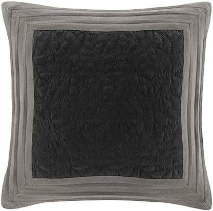 Madison Park Palmer Comforter Set - Faux Suede Design, Striped Accent, All Season Down Alternative Bedding, Matching Shams, Decorative Pillow, Bed Skirt, Full (82 in x 90 in), Black 7 Piece