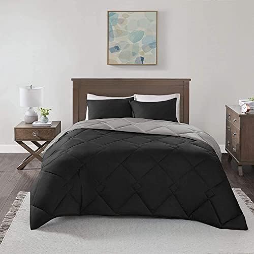 Comfort Spaces Vixie Reversible Comforter Set - Trendy Casual Geometric Quilted Cover, All Season Down Alternative Cozy Bedding, Matching Sham, Black/Gray, King 3 piece
