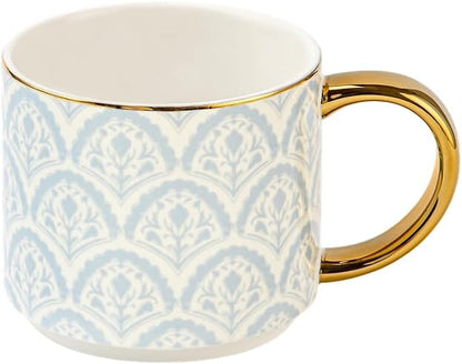 Sweet Water Decor Blue Fan Ceramic Mug with Gold Handle, Large 14oz Fine Bone China Tea Cup, Cute Coffee Mug, Vintage Floral Spring Drinkware, Hostess & Housewarming Gift for Women & Teachers