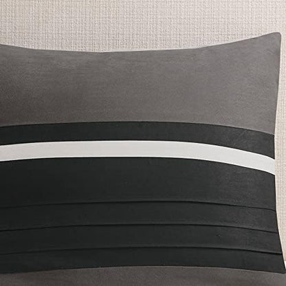 Madison Park - Palmer 7 Piece Comforter Set - Black and Gray - California King - Pieced Microsuede - Includes 1 Comforter, 3 Decorative Pillows, 1 Bed Skirt, 2 Shams