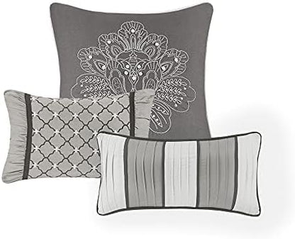 Madison Park Bellagio Cozy Comforter Set - Luxurious Jaquard Traditional Damask Design, All Season Down Alternative Bedding with Matching Shams, Decorative Pillow, Queen(90"x90"), Grey 7 Piece