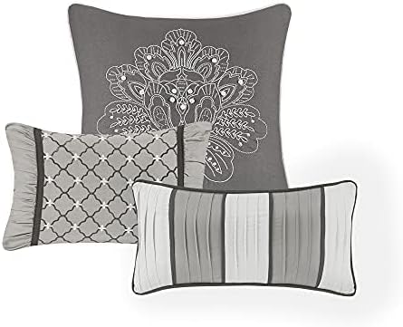 Madison Park Bellagio Cozy Comforter Set - Luxurious Jaquard Traditional Damask Design, All Season Down Alternative Bedding with Matching Shams, Decorative Pillow, King(104"x92") , Grey 7 Piece