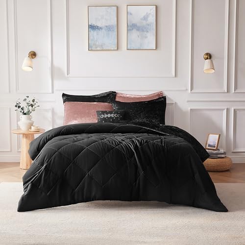 Intelligent Design Queen Comforter Set, Velvet Comforter Set , Luxury Diamond Quilting Comforter Set, Fluffy Comforter Bed Set with Decorative Pillowand 2 Shams, 4 Piece Black, Full/Queen